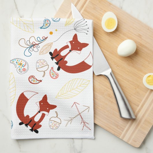 ヴィンテージモダン林の動物キツネ模様 キッチンタオル (四つ折り)