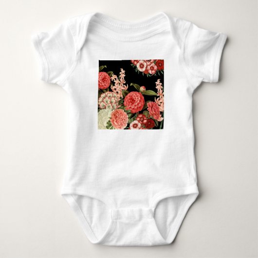 ヴィンテージモダン植物性ピンク色の花 ベビーボディスーツ (正面)