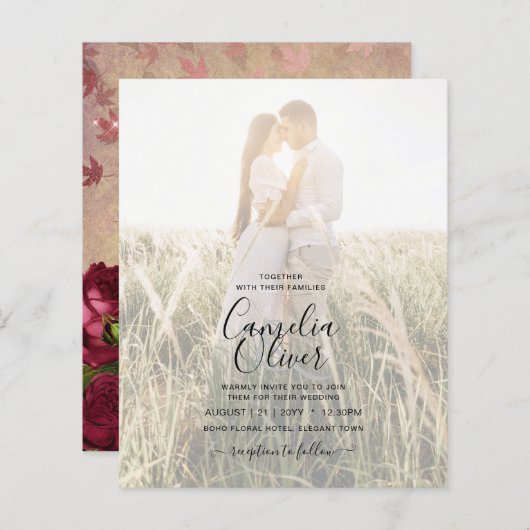 ヴィンテージモダン植物赤いバラの結婚式の招待 (正面/裏面)