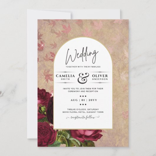 ヴィンテージモダン植物赤いバラの結婚式の招待 招待状 (正面)