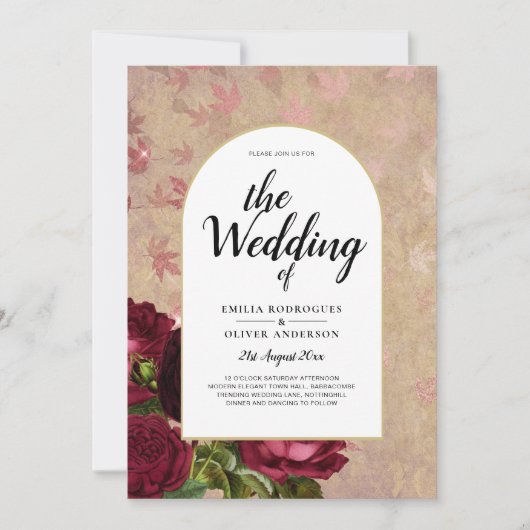 ヴィンテージモダン植物赤いバラの結婚式の招待 招待状 (正面)