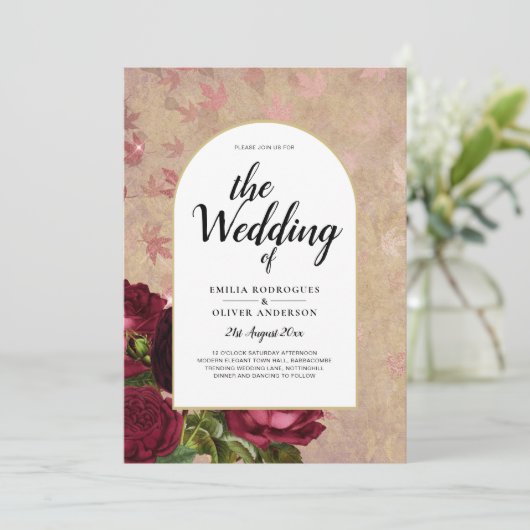 ヴィンテージモダン植物赤いバラの結婚式の招待 招待状 (スタンド正面)