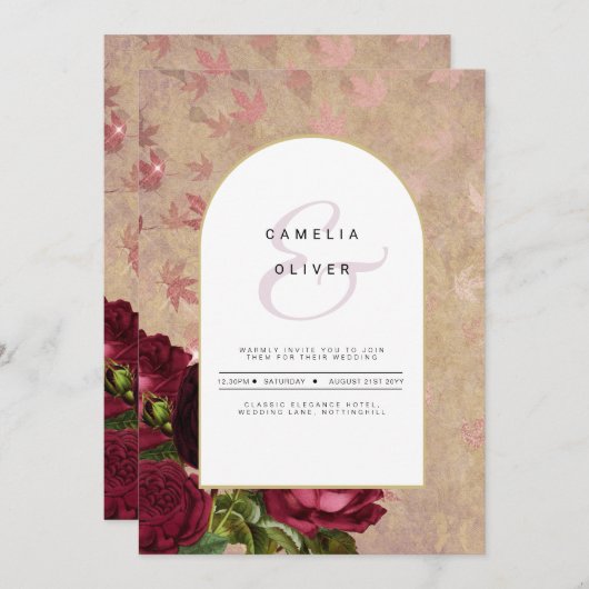 ヴィンテージモダン植物赤いバラの結婚式の招待 招待状 (正面/裏面)