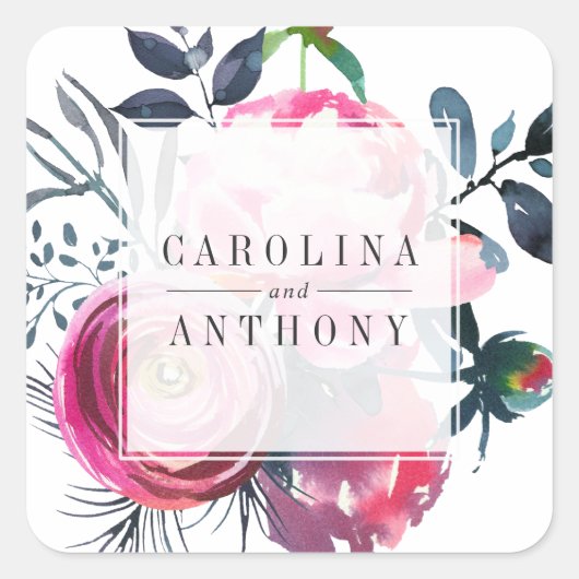 ヴィンテージモダン牡丹ウォーター色フローラ スクエアシール (正面)