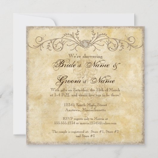 ヴィンテージモダン牡丹フローラ旋回カップルのシャワー 招待状 (正面)