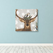 ヴィンテージモダン素朴な森林冬の鹿 キャンバスプリント (インサイチュ (ウッドフロア))