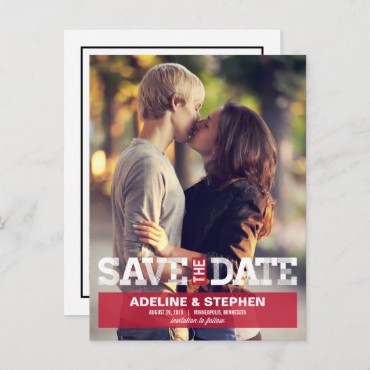 ヴィンテージモダン結婚式の日付の保存 – 赤 案内ポストカード (正面/裏面)