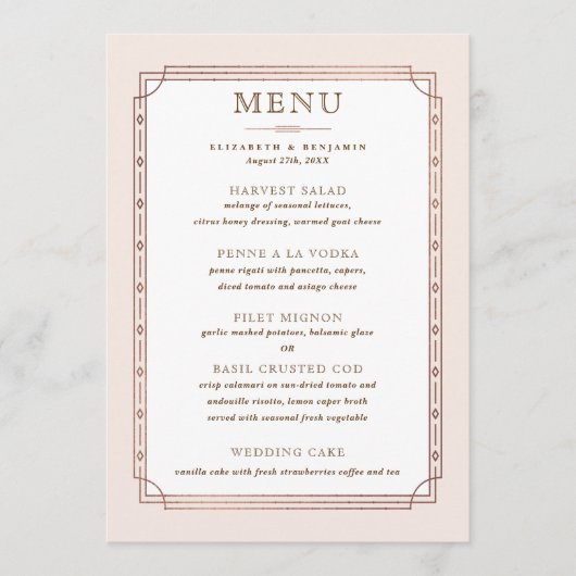 ヴィンテージモダン赤面ピンクローズゴールドフォイル結婚ズ メニュー (正面)