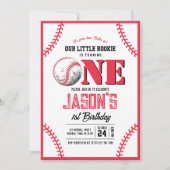 ヴィンテージモダン野球赤ステッチ1歳の誕生日 招待状 (正面)