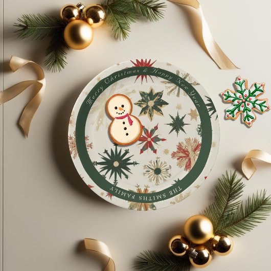 ヴィンテージモダン金ゴールドと緑の雪片パターン ペーパープレート