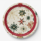 ヴィンテージモダン金ゴールドと赤色雪片パターン ペーパープレート (正面)