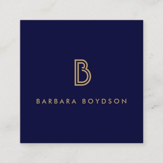 ヴィンテージモダン金ゴールド及びネイビーイニシャルモノグラムロゴ スクエア名刺 (正面)