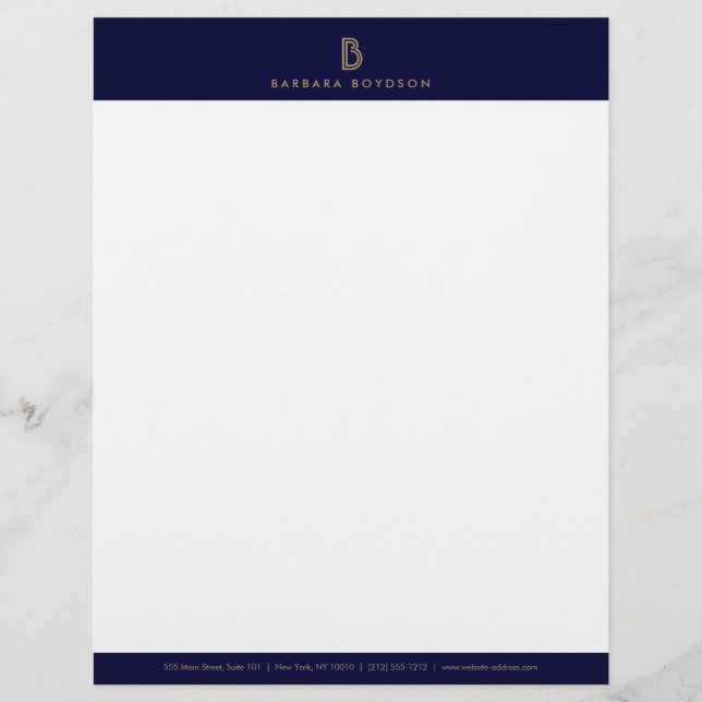 ヴィンテージモダン金ゴールド及びネイビーイニシャルモノグラムロゴ レターヘッド (正面)