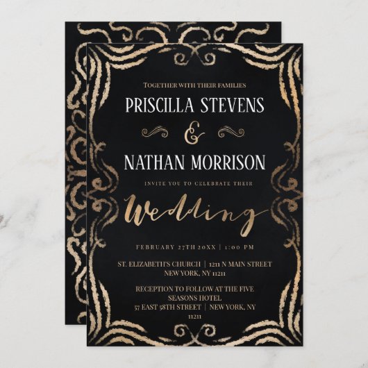 ヴィンテージモダン金ゴールド装飾スク結婚ロール 招待状 (正面/裏面)