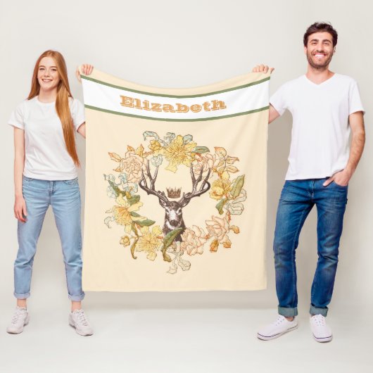 ヴィンテージモダン鹿素朴フラワーリース フリースブランケット (インサイチュ)