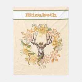 ヴィンテージモダン鹿素朴フラワーリース フリースブランケット