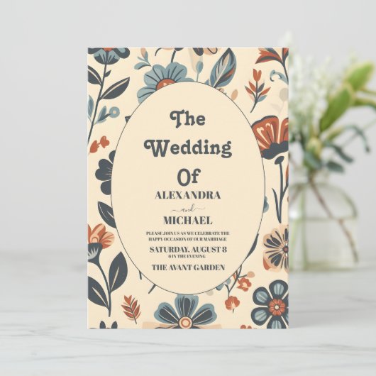 ヴィンテージモダンGroovyデイジー結婚フローラ 招待状 (スタンド正面)