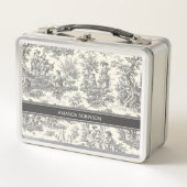 ヴィンテージモノクロtoile de jouy printed メタルランチボックス (正面)