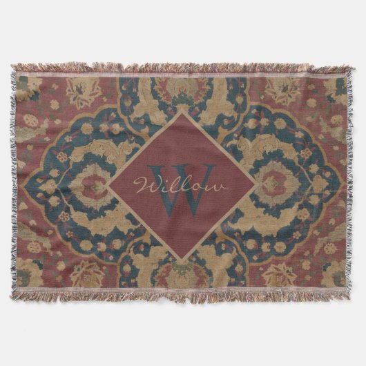 ヴィンテージモノグラムのオリエンタルペルシアレッド スローブランケット (正面)