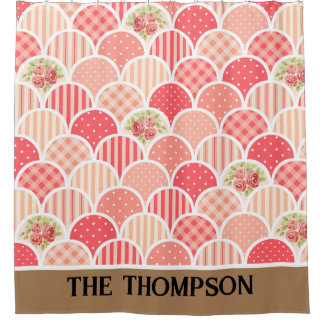 ヴィンテージモノグラムのクラスlファミリー名lピンク シャワーカーテン