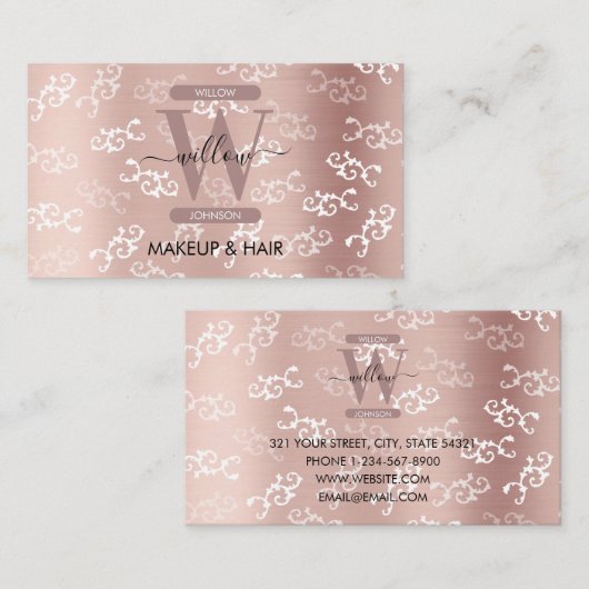 ヴィンテージモノグラムのバラ金ゴールドダマスメイクアップヘア 名刺 (正面/裏面)