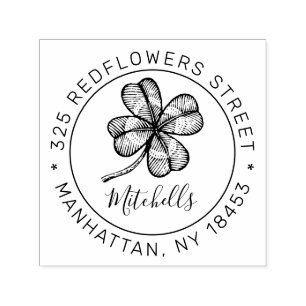 ヴィンテージモノグラムアドレス幸運なクローバーとスタンプ。 セルフインキングスタンプ