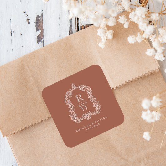 ヴィンテージモノグラムクレストネームテラコッタ結婚ズ スクエアシール