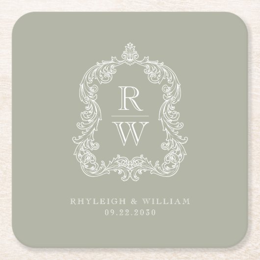 ヴィンテージモノグラムクレスト名セージグリーン結婚ズ スクエアペーパーコースター (正面)