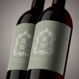 ヴィンテージモノグラムクレスト名セージグリーン結婚ズ ワインラベル