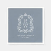 ヴィンテージモノグラムクレスト名ダスティブルー結婚ズ スタンダードカクテルナプキン (正面)