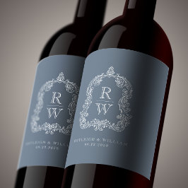 ヴィンテージモノグラムクレスト名ダスティブルー結婚ズ ワインラベル