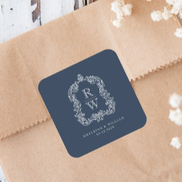 ヴィンテージモノグラムクレスト名ネイビー結婚ブルー スクエアシール