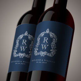 ヴィンテージモノグラムクレスト名ネイビー結婚ブルー ワインラベル