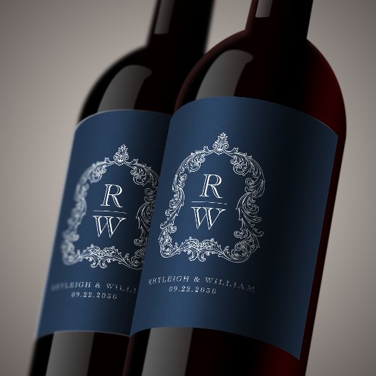 ヴィンテージモノグラムクレスト名ネイビー結婚ブルー ワインラベル