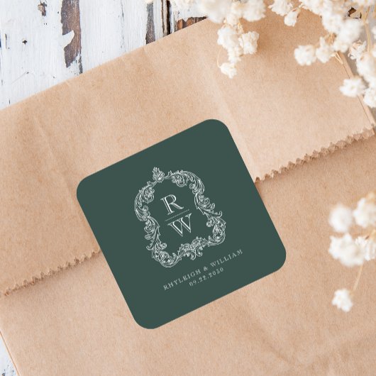 ヴィンテージモノグラムクレスト名フォレストグリーン結婚ズ スクエアシール
