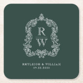 ヴィンテージモノグラムクレスト名フォレストグリーン結婚ズ スクエアペーパーコースター (正面)
