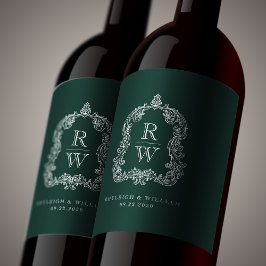 ヴィンテージモノグラムクレスト名フォレストグリーン結婚ズ ワインラベル