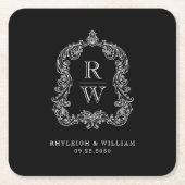 ヴィンテージモノグラムクレスト名白黒結婚 スクエアペーパーコースター (正面)