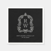 ヴィンテージモノグラムクレスト名白黒結婚 スタンダードカクテルナプキン (正面)