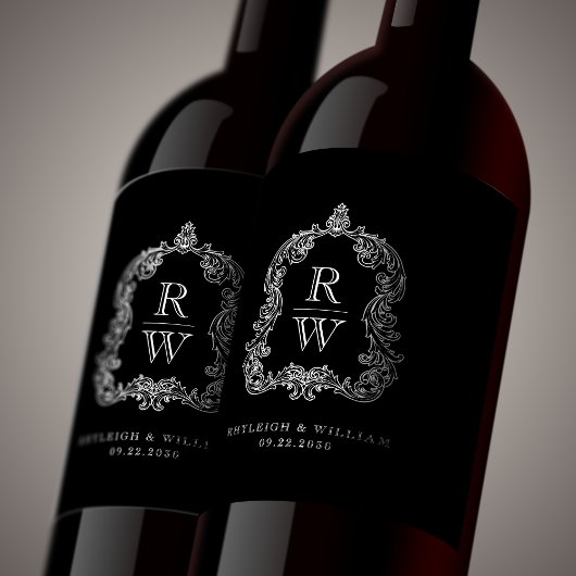 ヴィンテージモノグラムクレスト名白黒結婚 ワインラベル