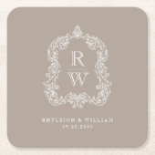 ヴィンテージモノグラムクレスト名結婚Taupe スクエアペーパーコースター (正面)