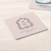 ヴィンテージモノグラムクレスト名赤面ピンク結婚ズ スクエアペーパーコースター (アングル)