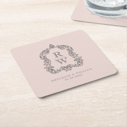 ヴィンテージモノグラムクレスト名赤面ピンク結婚ズ スクエアペーパーコースター (アングル)