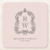 ヴィンテージモノグラムクレスト名赤面ピンク結婚ズ スクエアペーパーコースター (正面)