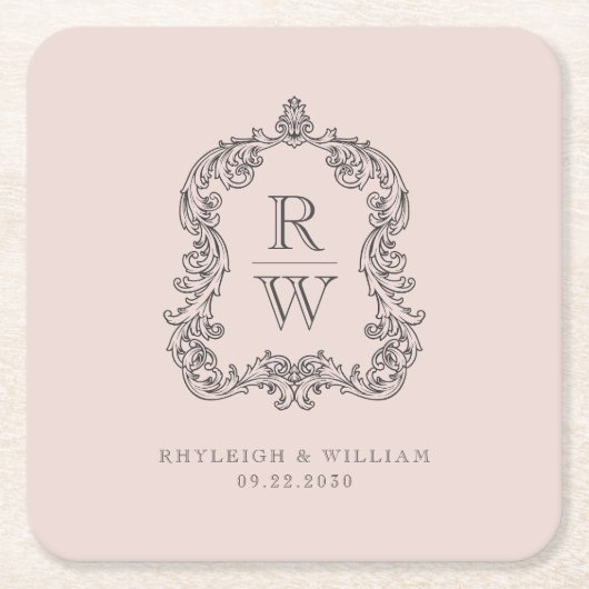 ヴィンテージモノグラムクレスト名赤面ピンク結婚ズ スクエアペーパーコースター (正面)