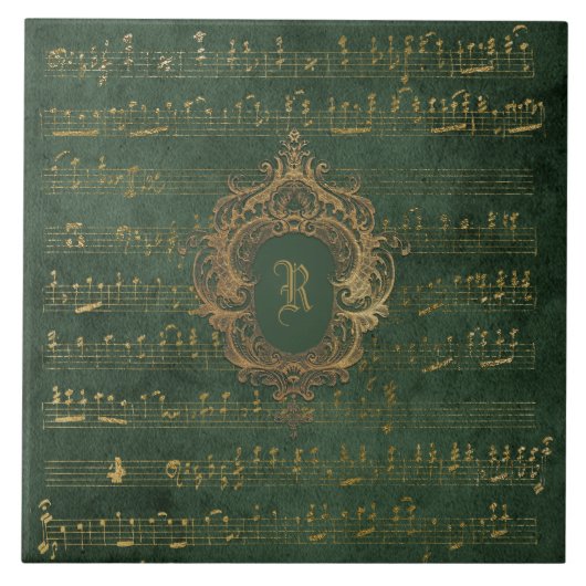 ヴィンテージモノグラムクレスト音楽原稿グリーン金ゴールド タイル (正面)