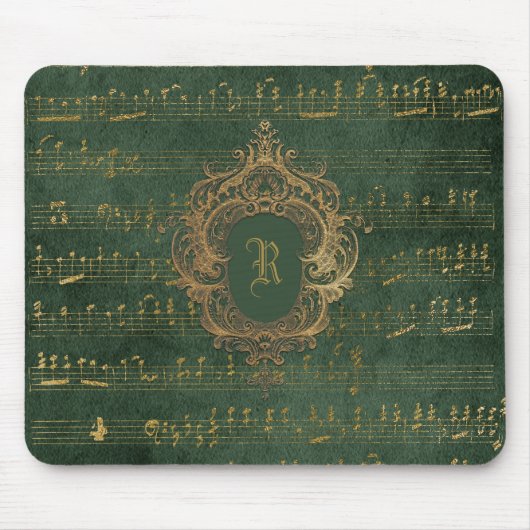 ヴィンテージモノグラムクレスト音楽原稿グリーン金ゴールド マウスパッド (正面)