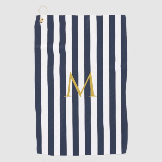 ヴィンテージモノグラムネイビーブルー&ホワイトストライプズストライプの ゴルフタオル (正面)