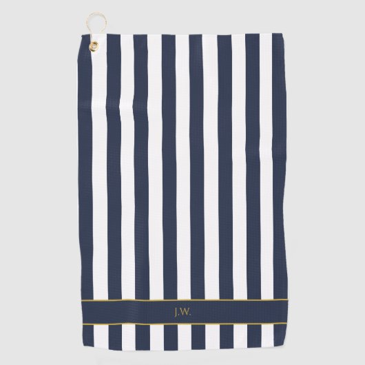 ヴィンテージモノグラムネイビーブルー&ホワイトストライプズストライプの ゴルフタオル (正面)