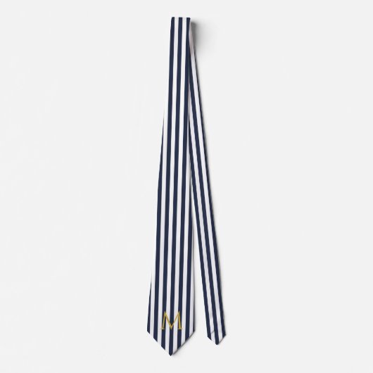 ヴィンテージモノグラムネイビーブルー&ホワイトストライプズストライプの ネクタイ (正面)